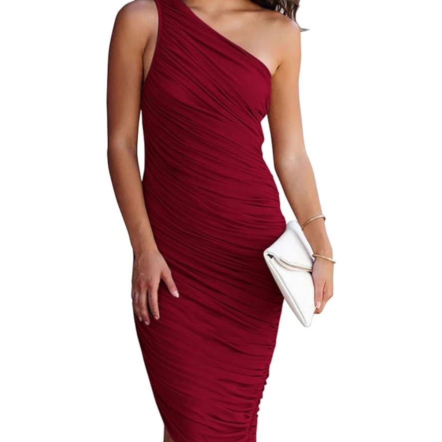 Women's Ruched Bodycon Dress 2024 Summer One Shoulder Sleeveless Party Cocktail Pencil Dresses