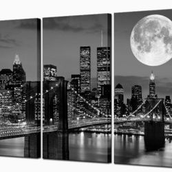 Biuteawal New York Skyline Wall Art Brooklyn Bridge Moon Night View Picture Canvas Print Black and White City Artwork Painting Modern Home Office Livi