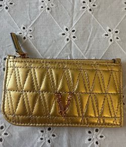 Authentic Versace Metallic Gold Quilted Leather Zip Pouch Wallet/card holder, Keychain