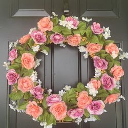 Summer Wreath 18 Inches with Peach And Purple Roses