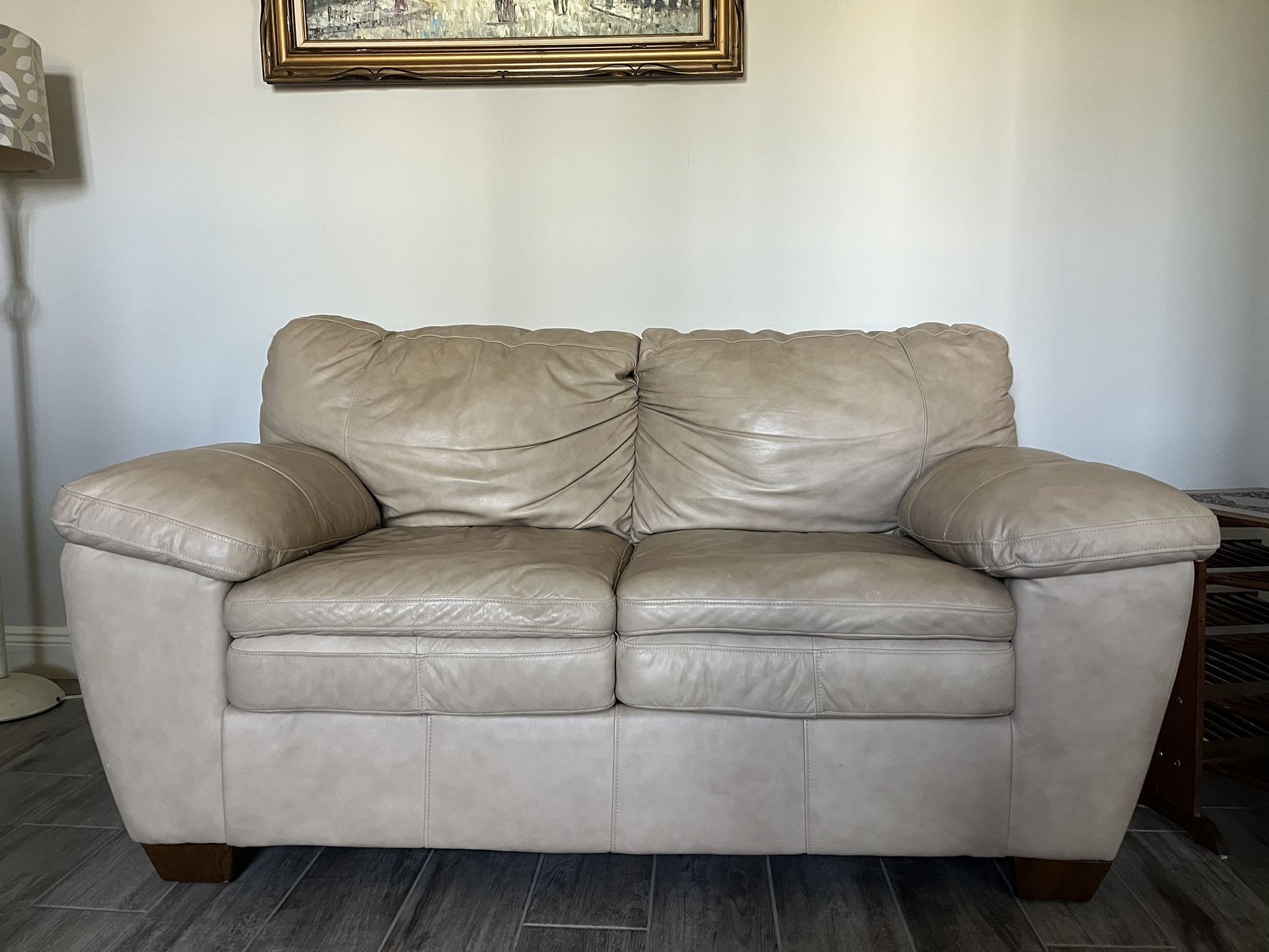Ashley Furniture Beige Real Leather Sofa In Great Condition NO Stains