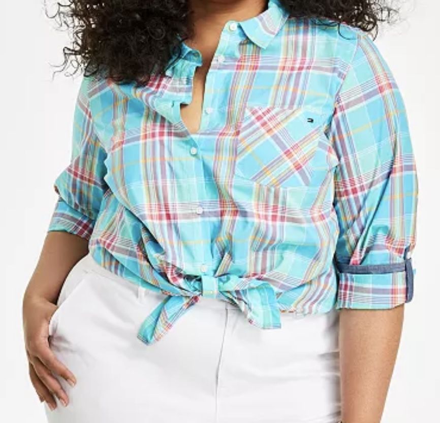 Tommy Hilfiger Plus Size Cotton Plaid Roll-tab Sleeve Button-Up Shirt
