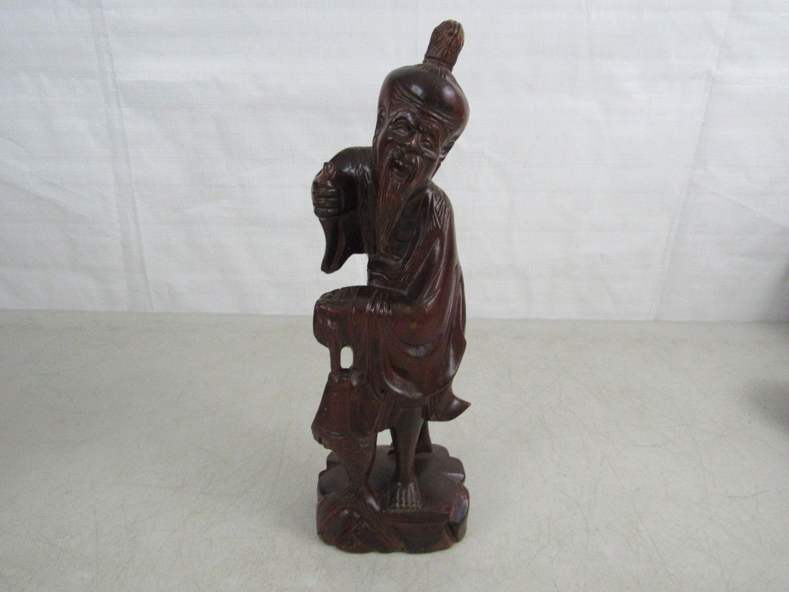 Asian Vintage Hand Crafted Folk Art Wood Sculpture Fisherman 12" Tall