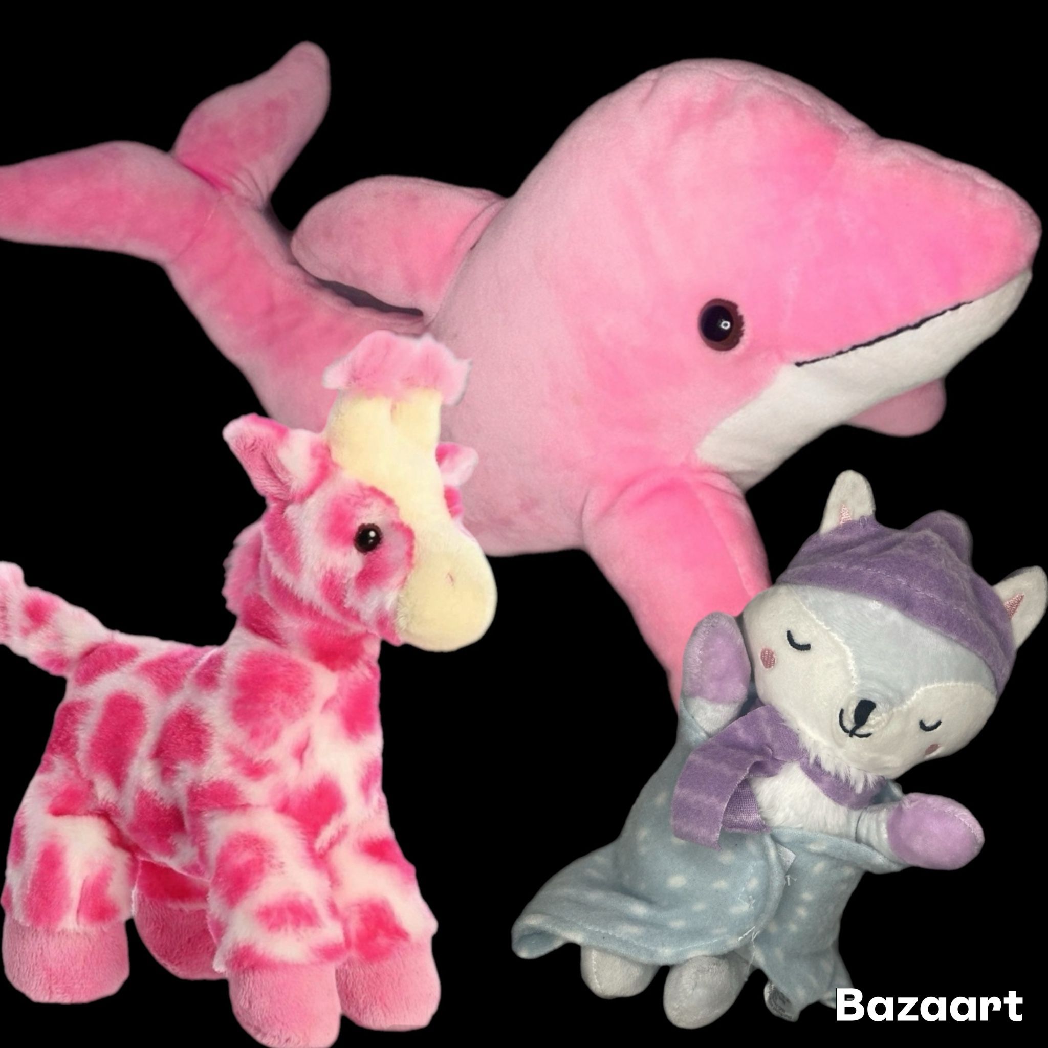 12” Pink Dolphin, 8” Pink Giraffe & 10” Plush Fox with Blanket Swaddle