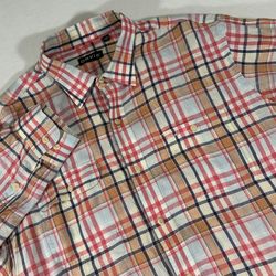 Orvis Men’s XL Pink Orange Plaid 100% Linen Button Up Long Sleeve Shirt