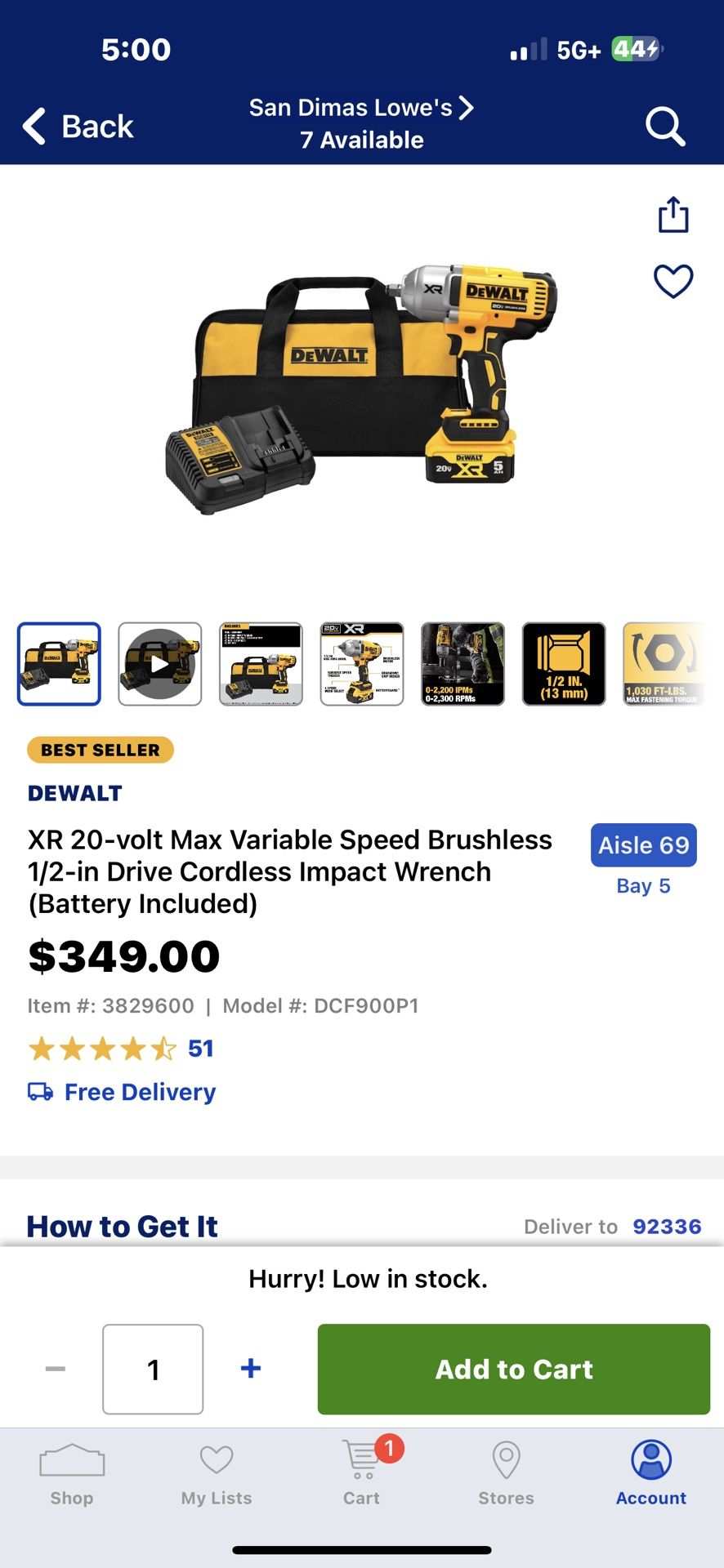 DEWALT XR 20-volt Max Variable Speed Brushless 1/2-in Drive Cordless Impact Wrench (Battery Included)