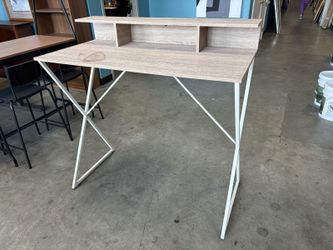 Light Finish Standing Desk with Storage Hutch and White Metal Frame