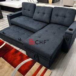 84"W Dark Gray Woven Fabric Reversible Sleeper Sectional Sofa with Storage Chaise, Storage Arm, Cup Holder, Charging Ports, Side Pockets, and Pocket C