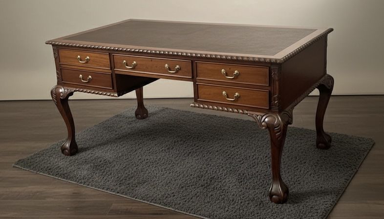 Ornate Solid Teak Wood Chippendale-Style Executive Desk