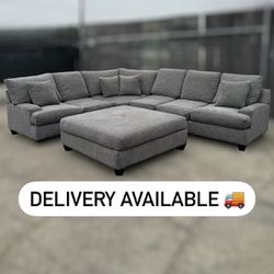 Living Spaces Dark Gray/Grey 3 Piece Sectional Couch Sofa + Ottoman - 🚚 DELIVERY AVAILABLE 