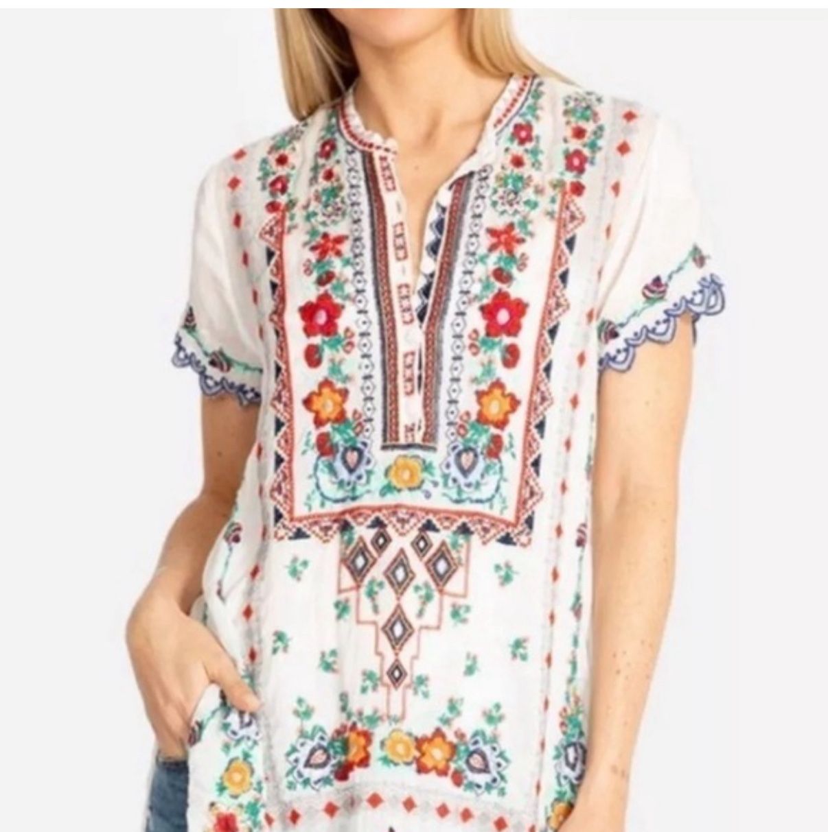 Johnny Was Liesse heavily embroidered white tunic Swing Smock top