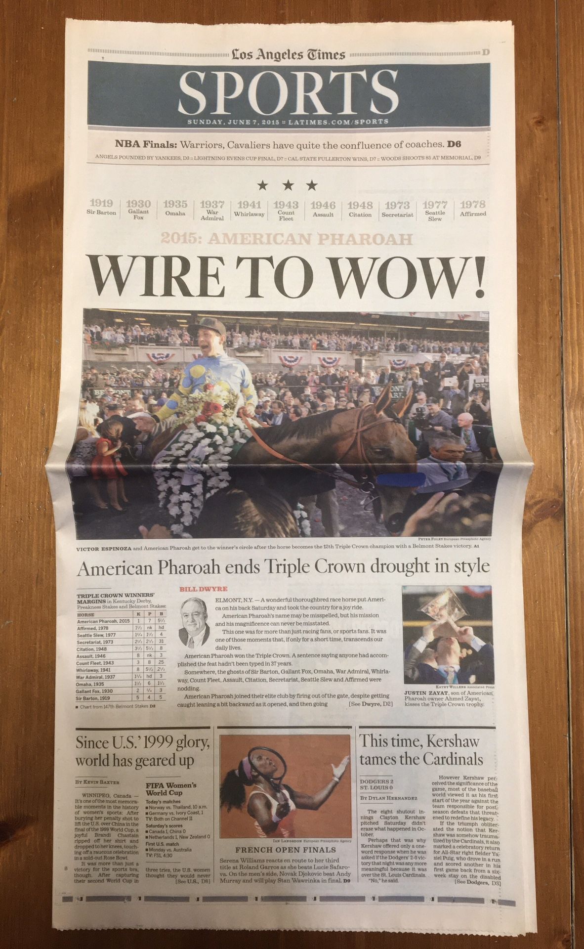 (1 COPY) LOS ANGELES TIMES: AMERICAN PHAROAH WINS TRIPLE CROWN