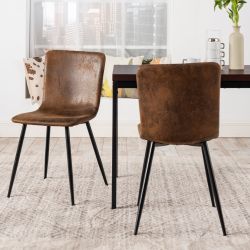 Homy Casa SCARGILL 2PC SUEDE Brown Industrial Dining Chairs, Suede Upholstery, Metal Frame