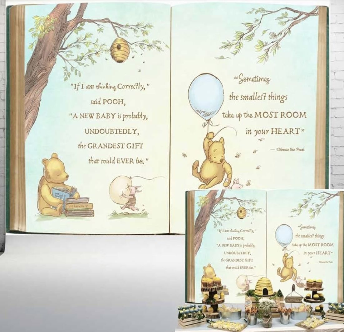 Claasic Pooh Bear Baby Shower Backdrop for Boy Retro Giant Book Spring Tree Vintage Background Newborn Quote Blue Yellow Tinge Banner 7×5 ft 