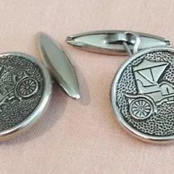 Vintage Men's Silvertone Round  Old Car Cufflinks Collectible Style Fashion