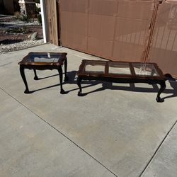 Refinished Black Solid Wood With Glass Coffee Table & 1 Side Table