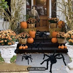 Giant 3pcs Halloween Spiders - Realistic Fake Hairy Spiders For Outdoor & Indoor Decor, Perfect For Yard Parties & Home Holiday Decoration