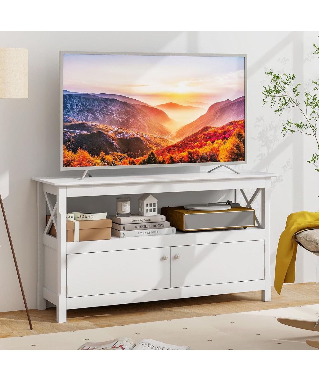Giantex TV Stand with Power Outlet for TVs up to 50 Inch, Entertainment Center with 2-Door Cabinet, Storage Shelf, 2 Cable Holes, Modern Media Console