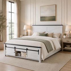 White Farmhouse Queen Size Platform Bed Frame with Headboard and 3 Barn Door Storage Cabinets.