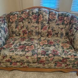 Floral Tapestry Couch and Loveseat with Wood Trim