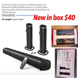 New in box Sound Bar for Smart TV, 100W Sound Bar with Bluetooth 5.3/ARC/Opt/AUX Connect, 2-in-1 Detachable Home Soundbar, Home Theater Speaker & Bass