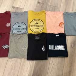 9 Men’s Small Shirts | 7 T-shirts | 2 Long Sleeves | Quicksilver, O’neil, Santa Cruz, Volcom, Billabong