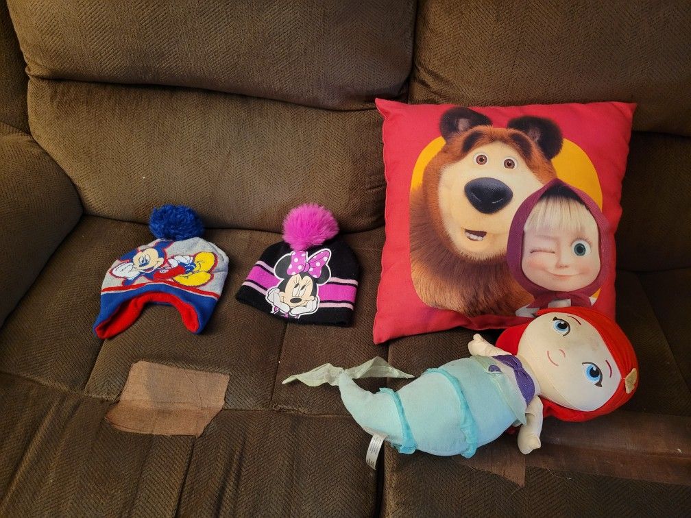 MOVING SALE Masha and the Bear pillow with Little Mermaid Stuffed Doll with beanie hats
