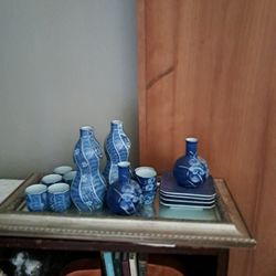 2 Blue Ceramic  Sake Sets