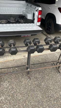 Dumbbells, rack and bench