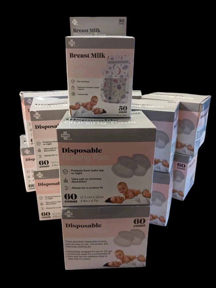 12 Boxes Thera Plus Disposable Nursing Pads 60 Ct & 1 Box Breast Milk Storage Bags 60 Ct