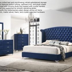 New Queen Size 5pc Bedroom Set Blue Velvet K Furniture And More 