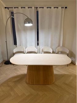 New modern oval dining table with faux travertine top, oval dining table with sintered stone top travertine look, new oval table