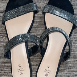 NEW Black Rhinestone Flat Sandals. Women's size 