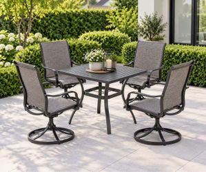 Patio 1 Table and 4 chairs Black Metal Dining Table w/Umbrella Hole 37" wrought iron table, weather resistant. Slatted table top design. Perfect for p