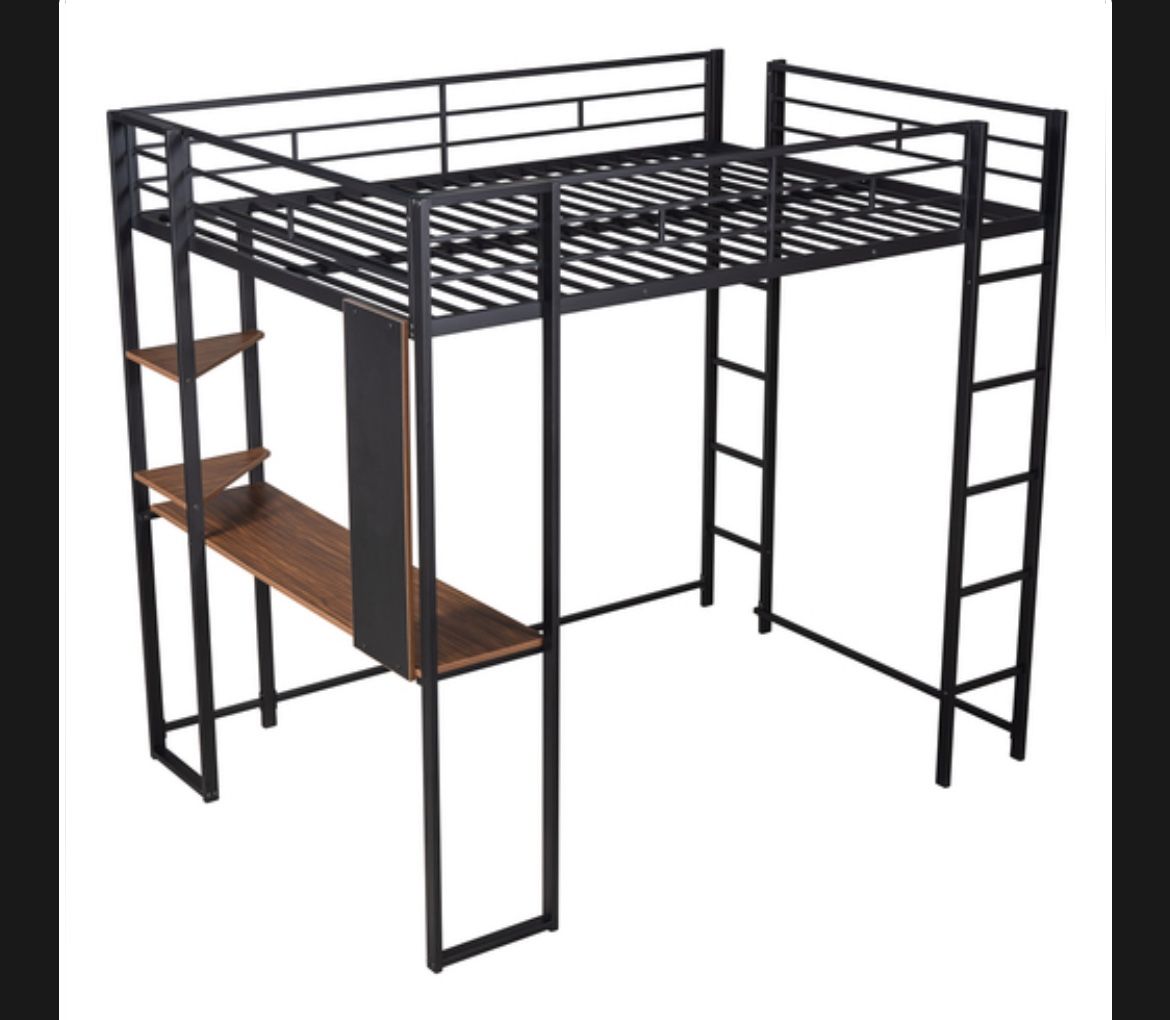 New! Harper & Bright Designs Full Loft Bed with Desk and 2 Storage Shelves, Metal Loft Bed Frame