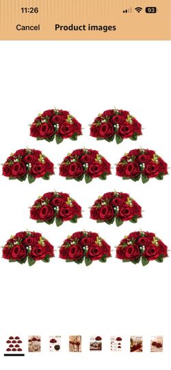 Flower Ball for Wedding Table Centerpieces, 10 Pcs Artificial Roses Crimson Silk Floral Arrangement, 9.5 inch Diameter, for Party Event, Quinceanera,