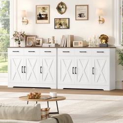 Setnof 2pcs 42.5'' Kitchen Buffet Sideboard Cabinet, 3 Drawers Farmhouse Coffee Bar Storage Cabinet with Adjustable Shelf, White