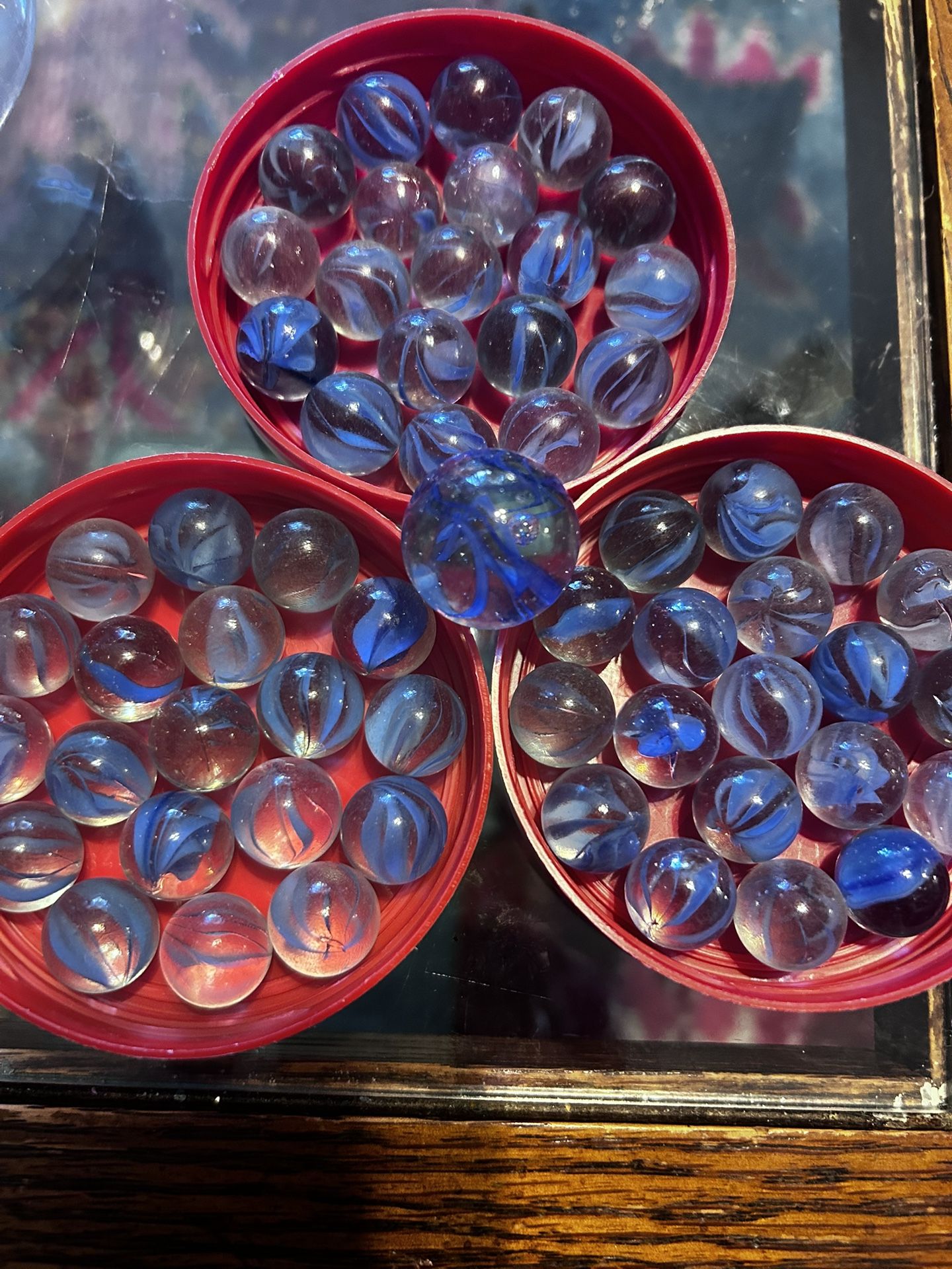 60 Blue Catseye Marbles & Matching Shooter