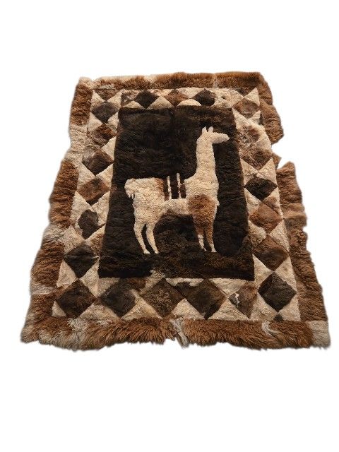 Vintage Peruvian Alpaca Fur Rug 67x53 – Handmade Llama Hide Patchwork