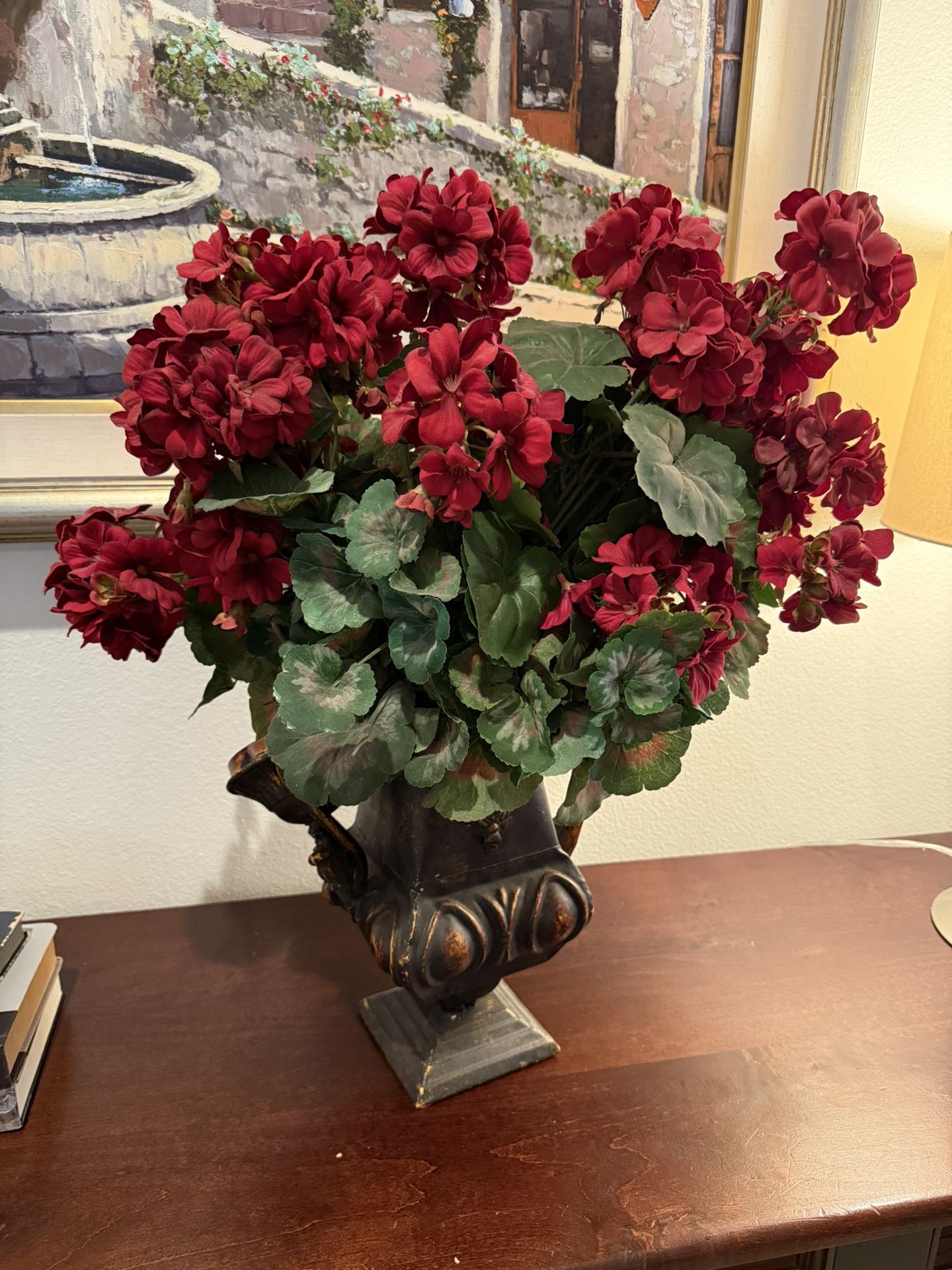 Decorative red flower arrangement And Beautiful Metal Vase