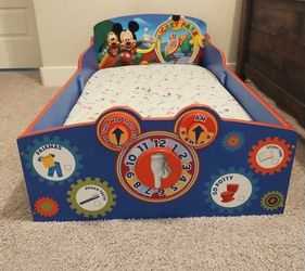 Toddler bed with mattress & Sheets ($40) - Disney Mickey Mouse theme