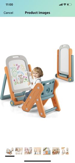 Kids Easel with Magnetic Whiteboard, Height Adjustable Easel w/Chair Set, Storage Tray, Rolling Wheels, Carrying Handle, Smooth Round Edge, Foldable D