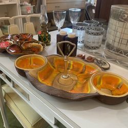 15x9x7 vintage mid-century modern entertainment snack tray dish.  42.00.  Johanna at Antiques and More. Located at 316b Main Street Buda. Antiques vin