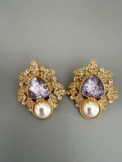 Monet signed golden & purple with pearl stud earrings