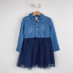 OshKosh B'gosh Girl's Blue Denim Long Sleeve Top Tulle Bottom Dress Size 4T