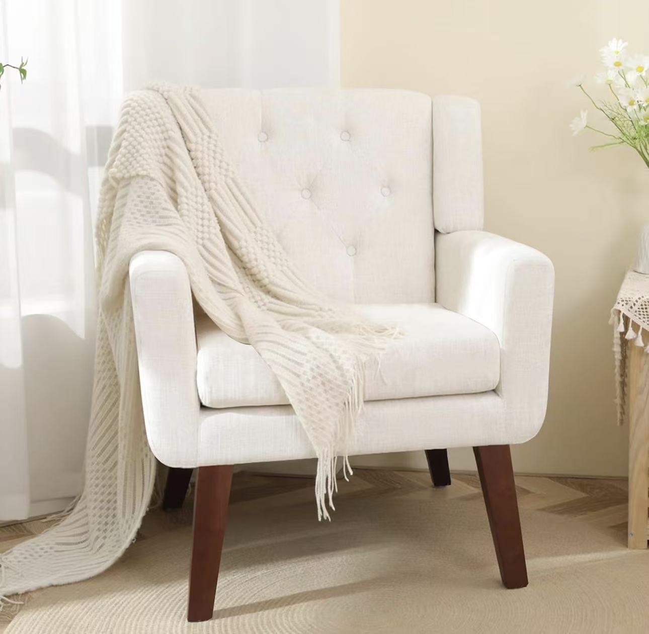 Living&Giving Accent Chair Button-Tufted Upholstered Living Room Chairs Comfy Reading Mid Century Modern with Linen Fabric Lounge Arm for Bedroom (Bei