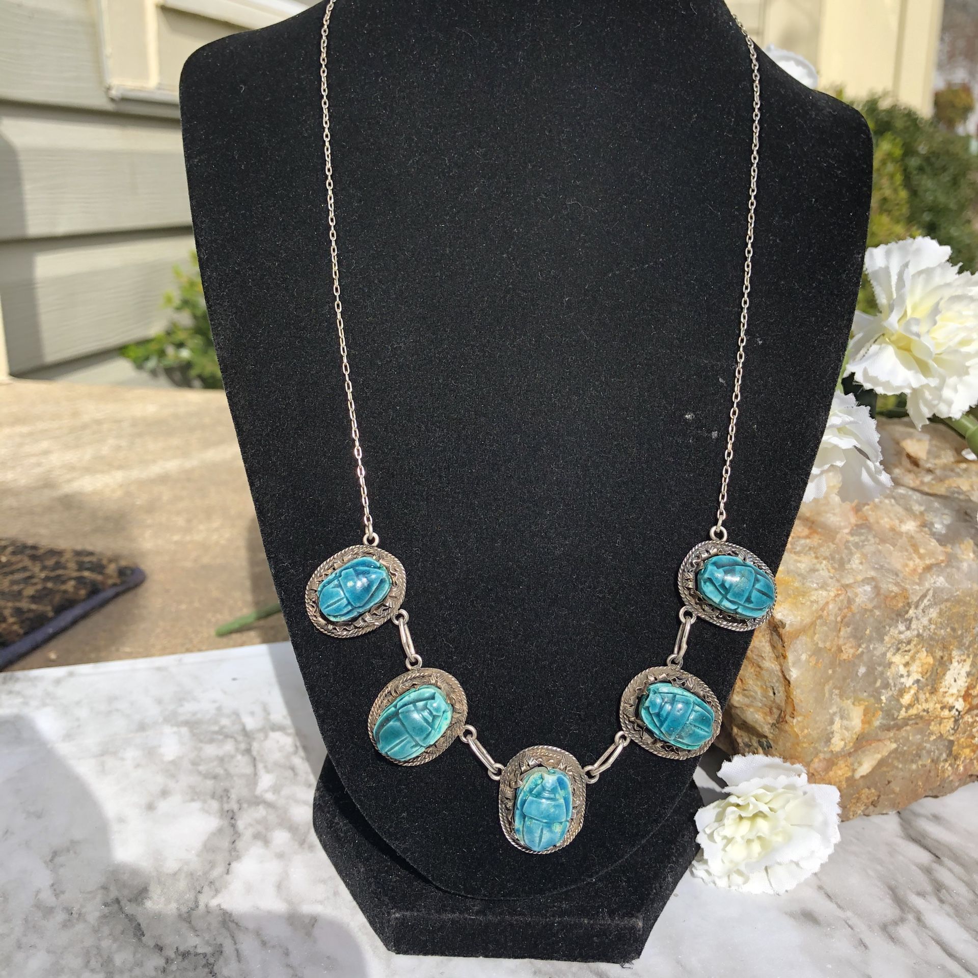 Vintage Egyptian revival turquoise faience scarab sterling silver link necklace