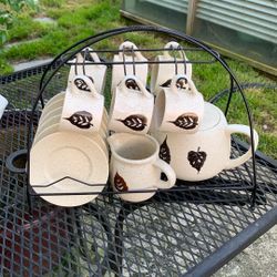 Cute Small Tea Set With Metal Wire Caddy Holder- Service For 6