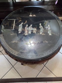 Vintage Mother of Pearl Chinese Tea Table + 4 Stools