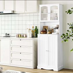 71'' 4 Doors Kitchen Pantry Cabinet, Tall Pantry Storage Cabinet with Adjustable Shelves, Microwave Cabinet for Dining Room, White